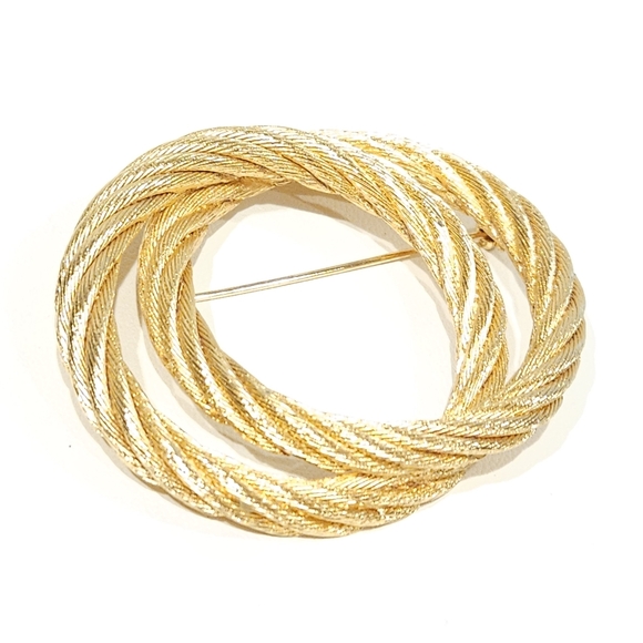 Vintage Dior Gold Tone Rope Double Circle Brooch Pin - Picture 15 of 16